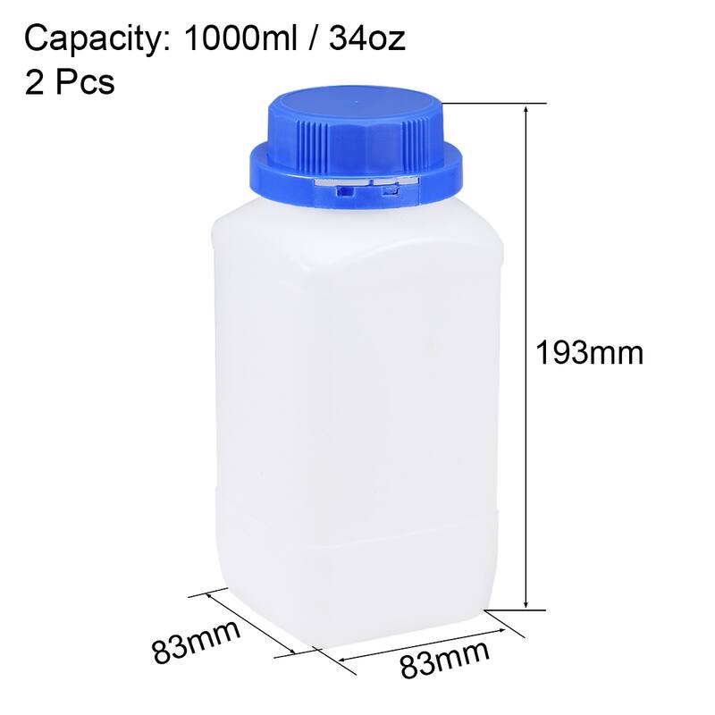 2x Plastic Lab Reagent Bottle Sample Sealing Liquid Storage Container - Translucent, Blue - 1000ml/34oz