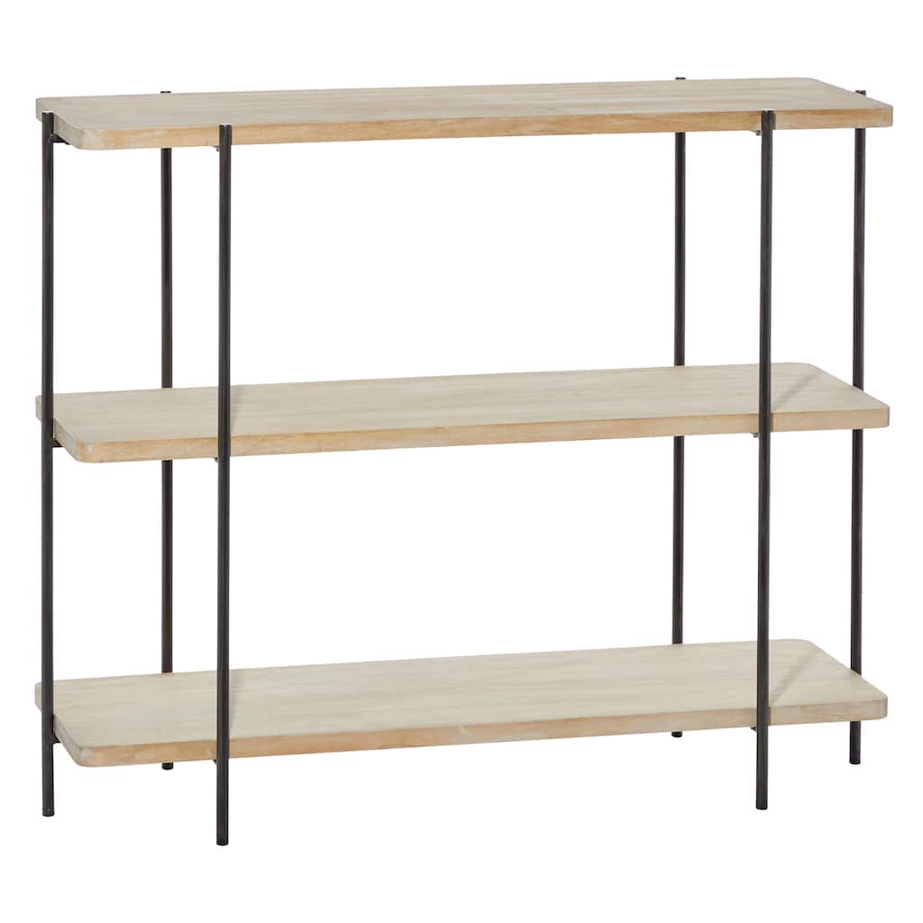 Wood Rounded Rectangular 2 Shelf Console Table with Slim Black Metal Legs - Beige - Roche River Decor - 14"W x 40"L x 32"H