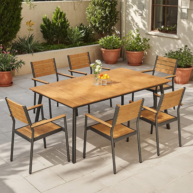 7-Piece Outdoor Dining Set Aluminum Rectangle Patio Dining Table with Umbrella Hole and Stackable Chairs
