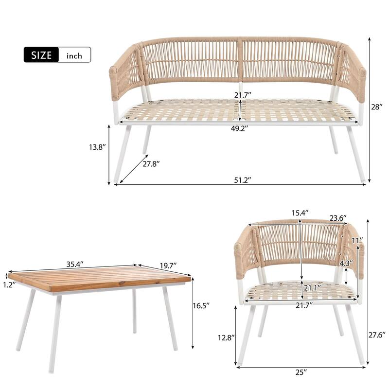 4-Piece Boho Sling Patio Conversation Set Outdoor Seating Set with Gray Cushions and Acacia Wood Coffee Table