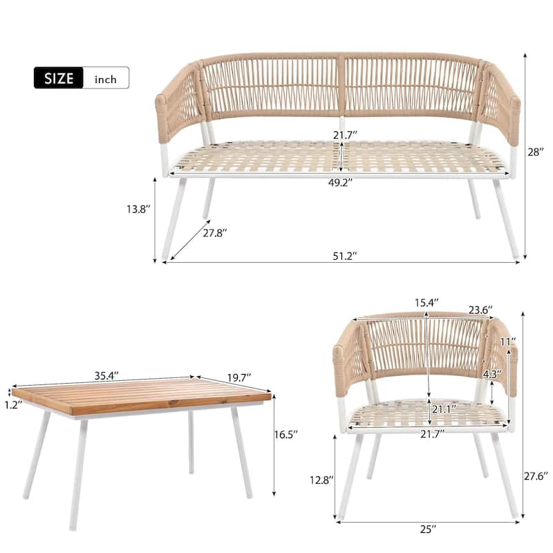 4-Piece Outdoor Patio Rope Conversation Sofa Set with Acacia Wood Cool Bar Table and 2 Armchairs