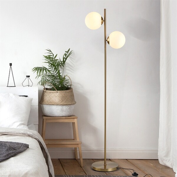 Floor Lamp with 2 Glass Lamp Shade and Metal Base Gold