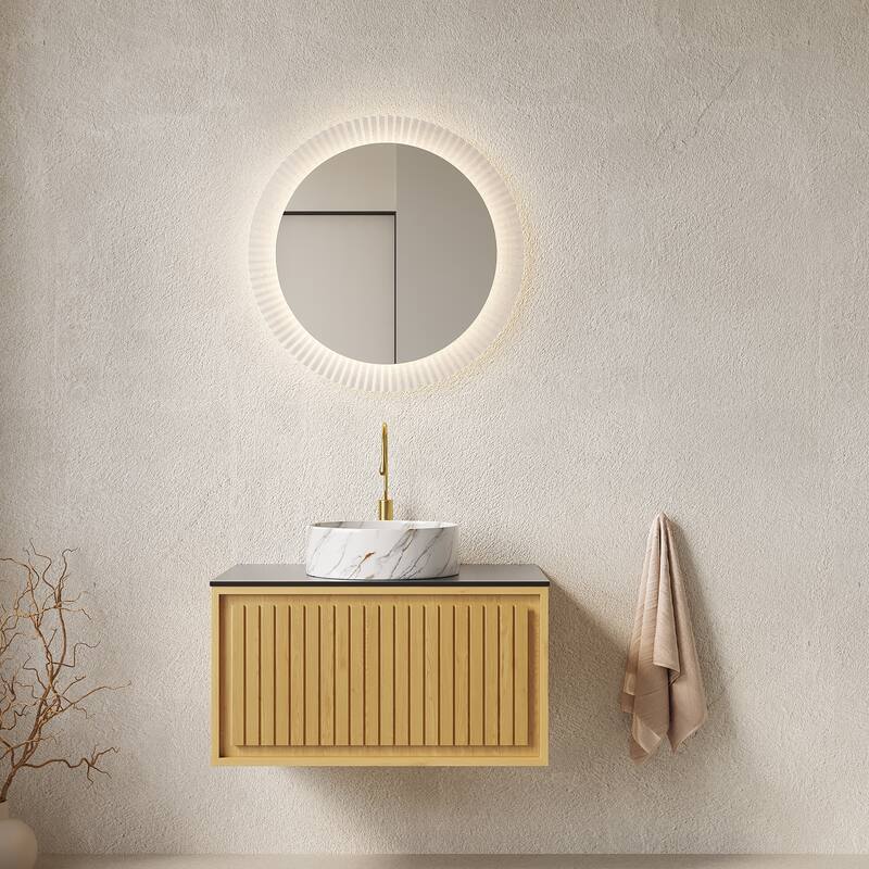 GDFStudio - Kolas Modern 30" Floating Bathroom Vanity, Corolla Oak Finish & Black Sintered Stone Countertop, WITHOUT Faucet