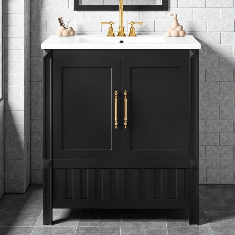30" Bathroom Vanity with Sink, Solid Wood & MDF Cabinet with Doors, Drawer and Open Storage Shelves - Black