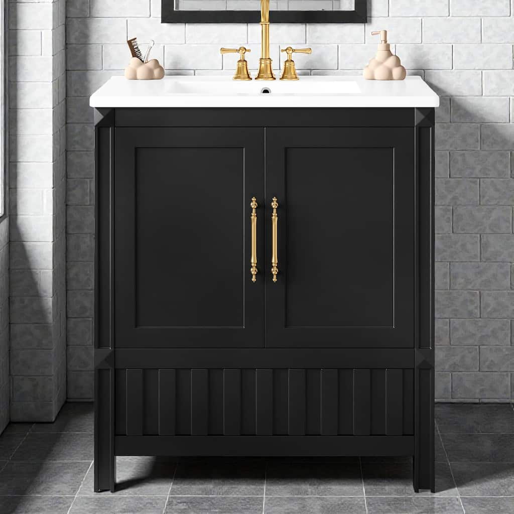 30" Bathroom Vanity with Sink, Solid Wood & MDF Cabinet with Doors, Drawer and Open Storage Shelves