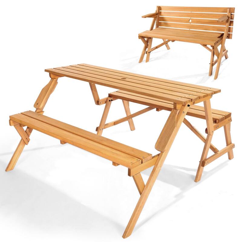 2-in-1 Foldable Wooden Picnic Table Bench with Umbrella Hole for Outdoor Garden Patio Use - 55.5” x 18.5” x 6.7”