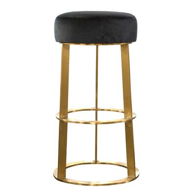Harp & Finial - Ainsley Bar Stool - Black Velvet Fabric With Brushed Gold Metal Base