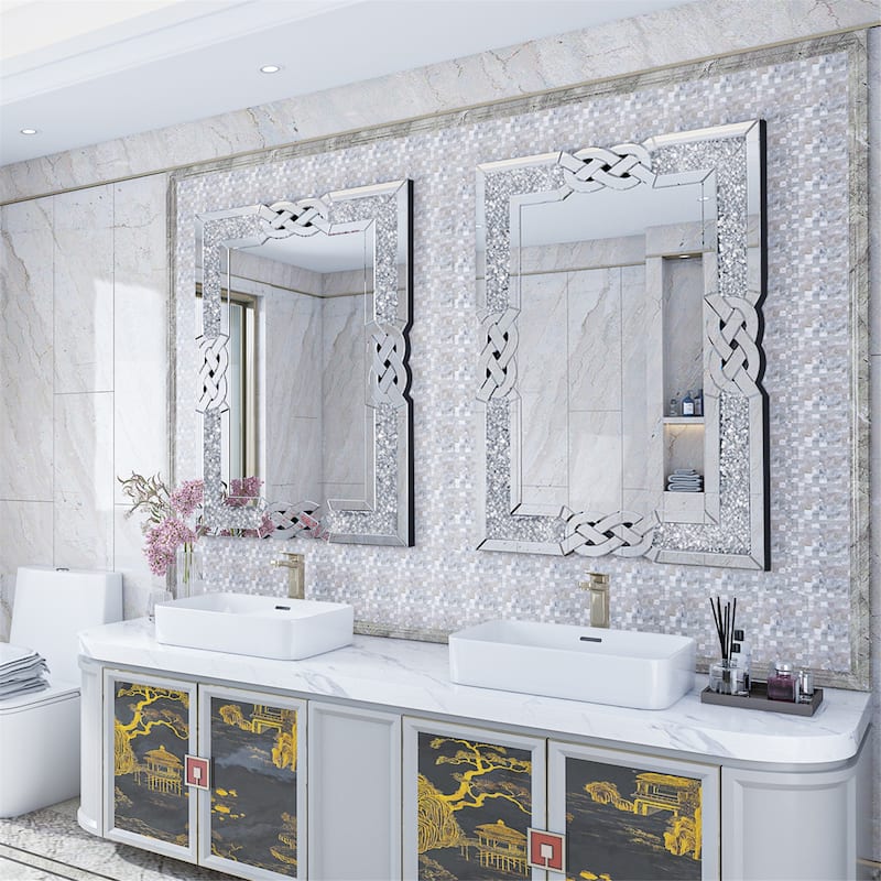 Appealing Decorative Wall Mirror w/Crush Diamond Silver Glass for Home - 35.4x23.6 inch