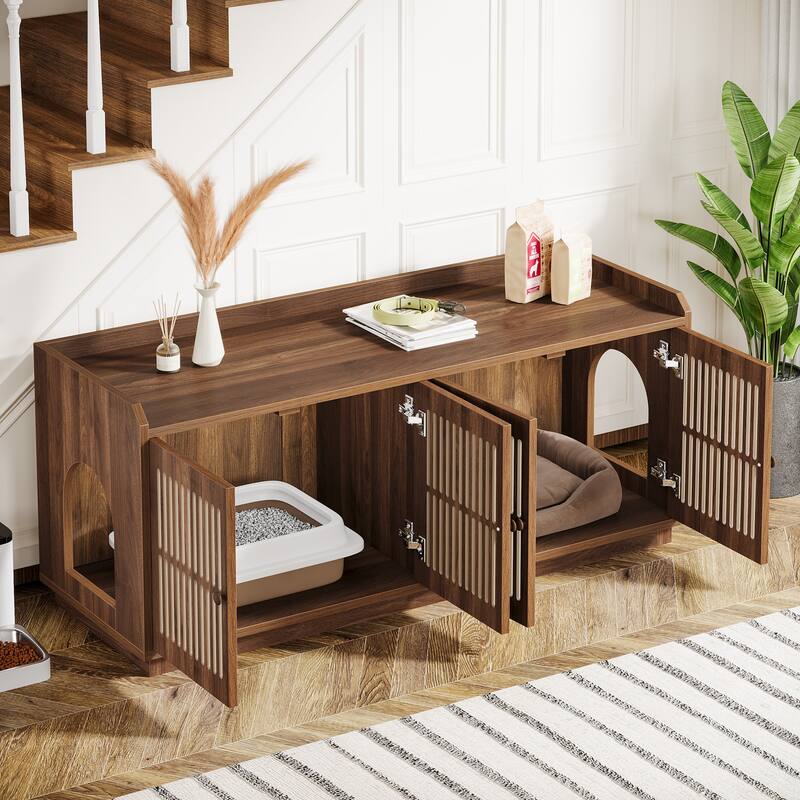 2 Cats Litter Box Enclosure, 55.1-Inch Extra Large Hidden Litter Box Furniture, Wooden XL Cat Washroom Furniture with Storage