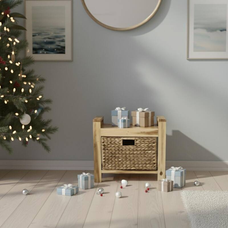 Brae Coastal Storage Stool Wood Frame w/ Water Hyacinth Baskets - Brown