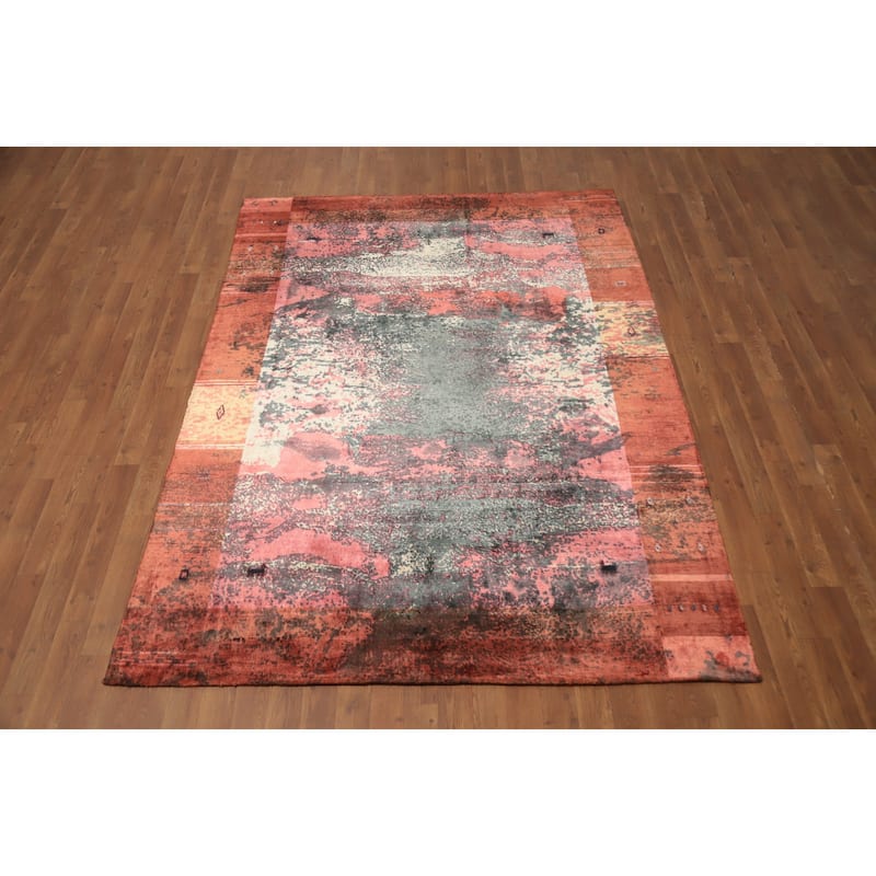 Hand Knotted Oriental Viscose Silk Carpet Modern All-Over Pink Abstract Area Rug - 7' 6'' X 5' 4''
