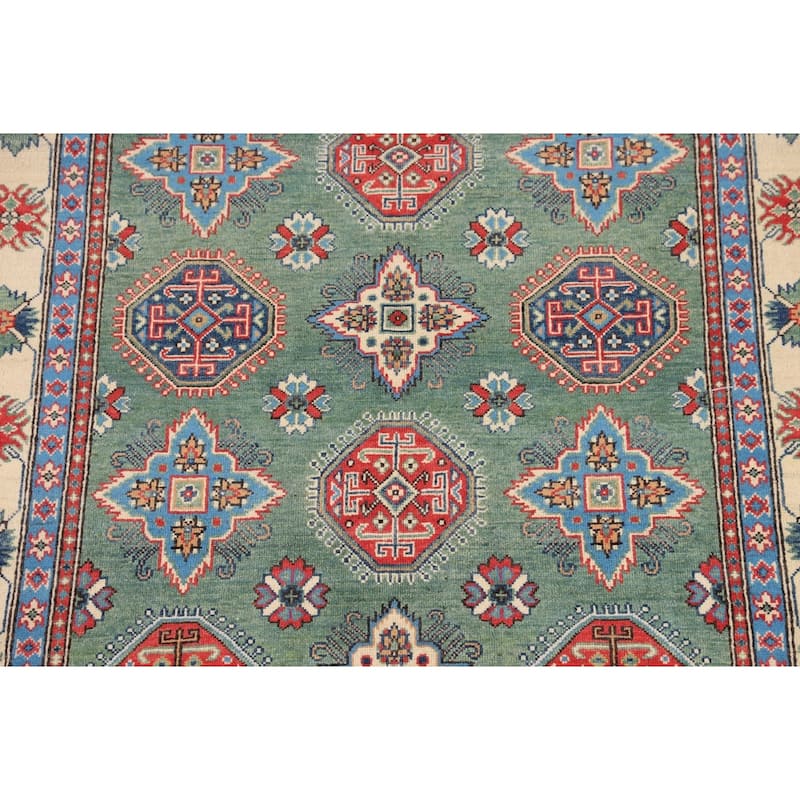 Kazak Oriental Area Rug Handmade Green Geometric Wool Carpet - 5'1" x 7'3"
