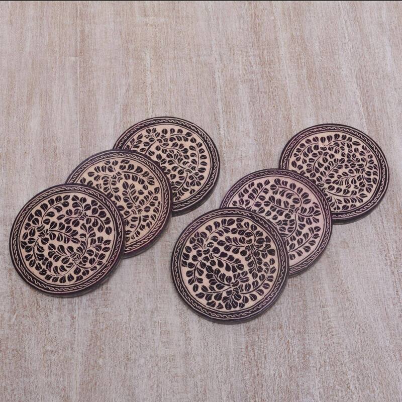 NOVICA Artisan Handblown Wood Batik Coasters Indonesian Cream Black Ivory Tableware Barware 'Paddy Harvest'(Set Of 6)