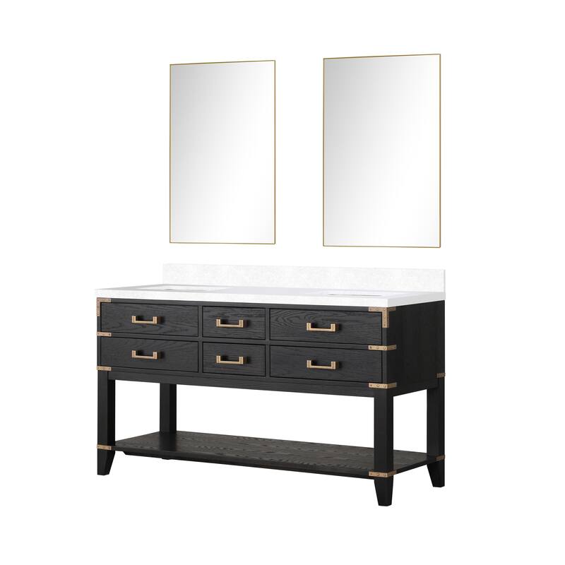 Norwalk 60 in W x 22 in D Black Oak Double Bath Vanity, White Quartz Top, and 28 in Mirrors