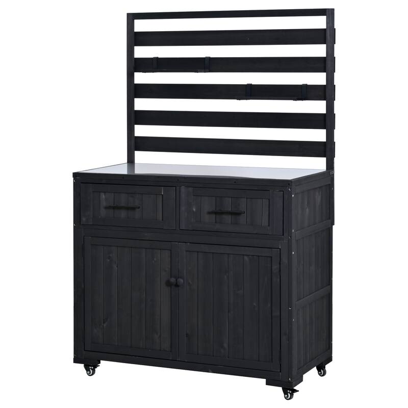 Solid Wood 64.9''Tall Outdoor Kitchen Island Kitchen Cart, Garden Potting Bench with Stainless Table Top for BBQ