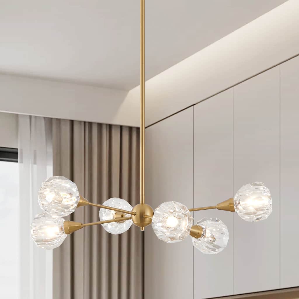 Helena 32-inch 6-light Brushed Gold Chandelier with Clear Acrylic Shades - L: 32" x W: 32" x H: 8.25" x M-H: 64"