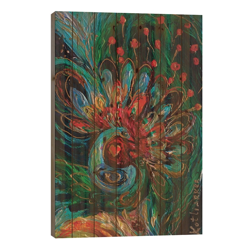 Totem Series I. The Peacock Print On Wood by Elena Kotliarker - Multi-Color - 40x26x1.5
