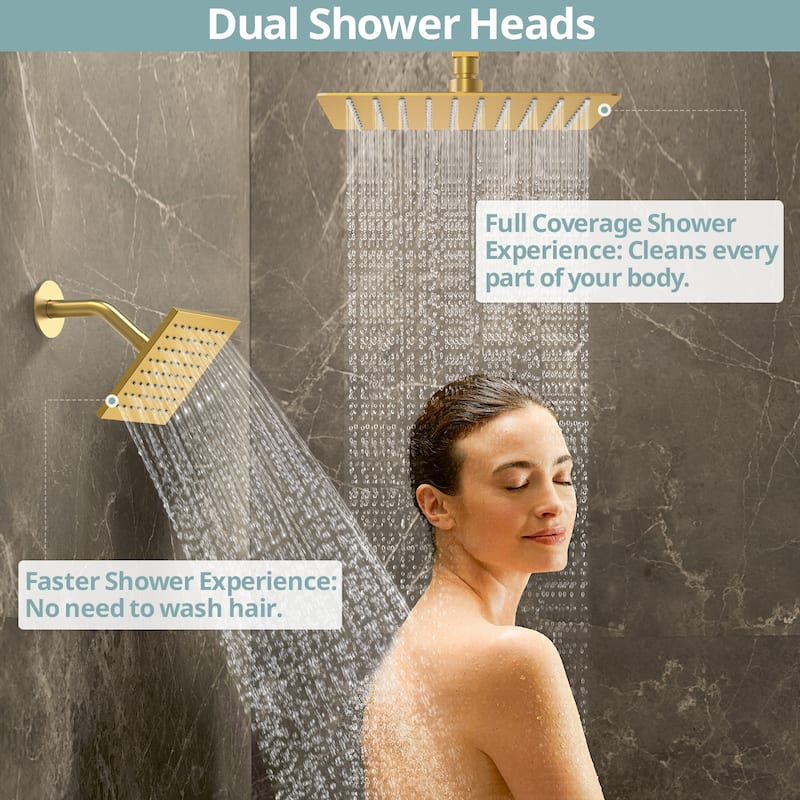 Dual Heads 12" Rainfall & High Pressure 6" Shower System w/ 3 Way Digital Display Faucet