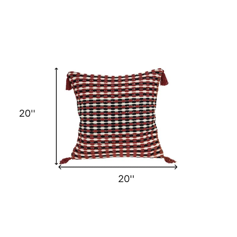 20" Red and Black Cotton Throw Pillow with Tassels
