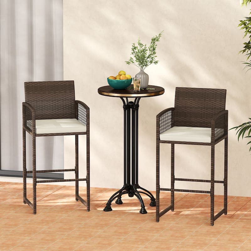 Outdoor Wicker Bar Stools Set of 2 Patio Chairs with Cushions and Footrest - 22" x 20.5" x 44" - Brown