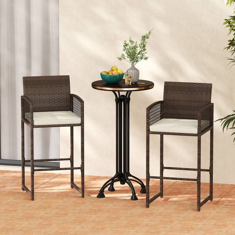 Set of 2 Brown Weather-Resistant PE Wicker Bar Stools with Cushions and Footrest Ideal for Patio or Deck - 22" x 20.5" x 44"
