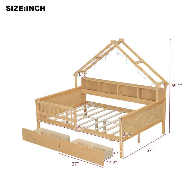 GDFStudio - Wood House Platform Bed with LED, Storage Shelves, Drawers and Guardrail