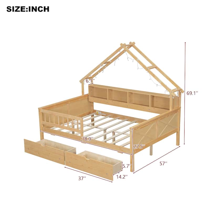 Wood Full Size House Platform Bed with LED Lights, Storage Shelves, and Drawers