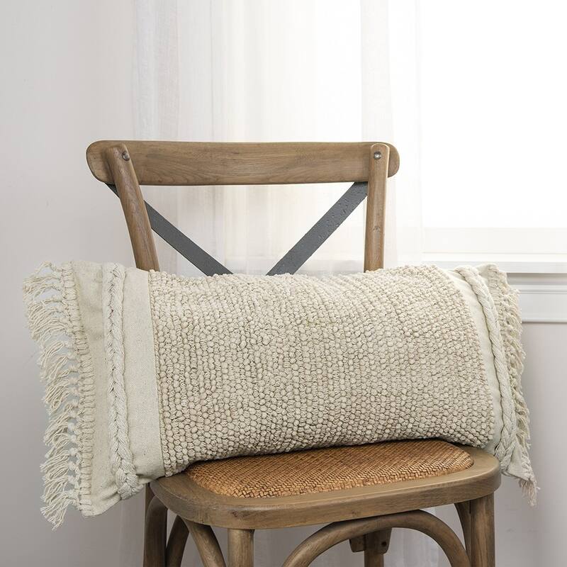 HomeRoots Ivory Braided Stripe Macrame Fringe Lumbar Pillow