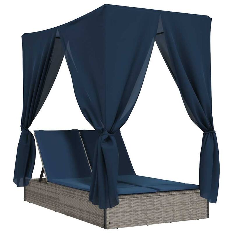 vidaXL Double Sun Lounger with Roof and Curtains Brown/Gray/Black Poly Rattan - 78.7" x 44.9" x 77.2"