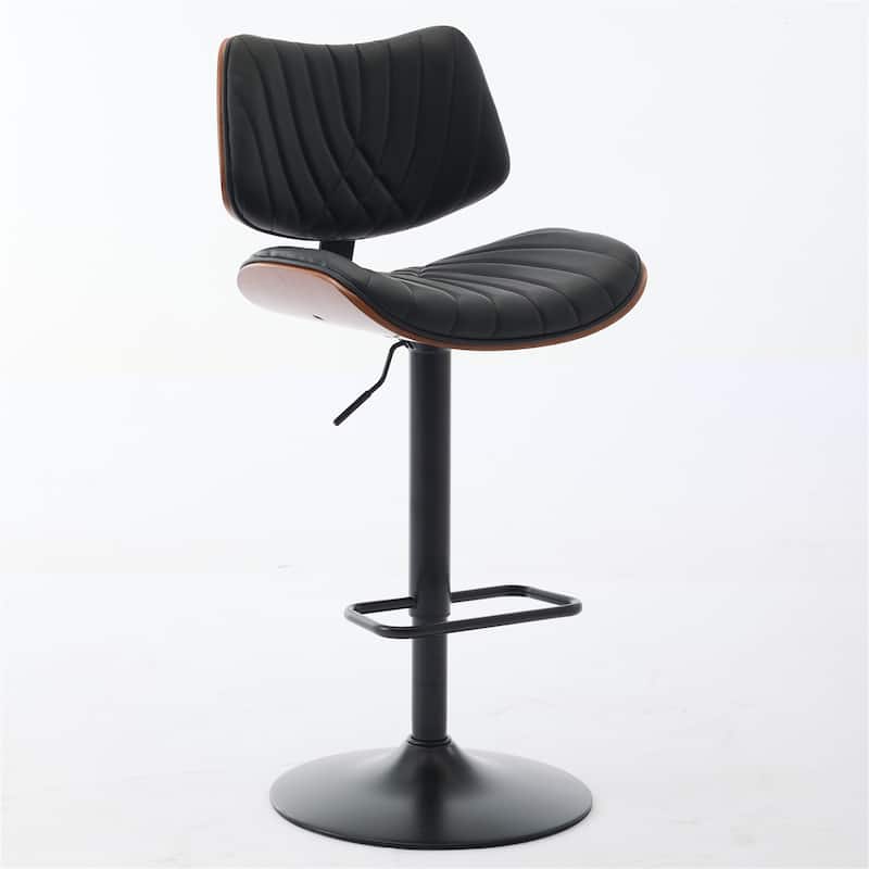 Set of 2 Mid Century Modern Bar Stools Bentwood Frame Adjustable Counter Height 360° Swivel Leather Upholstered - Black