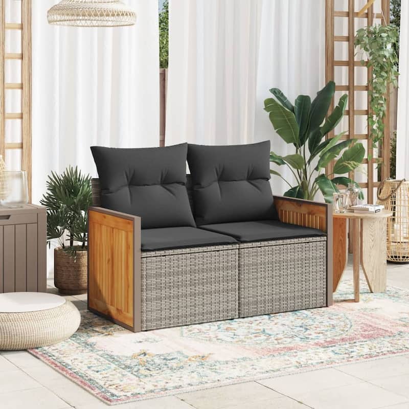 vidaXL Patio Sofa with Cushions Outdoor Seating Loveseat 2-Seater Poly Rattan - 24.4 x 46.5 x 27.2 in