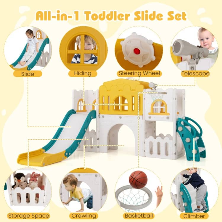 Yellow-Green-White HDPE Kids Slide Set with Climber, Tunnel and Hoop - 69.5" x 70" x 40.5" (L x W x H)