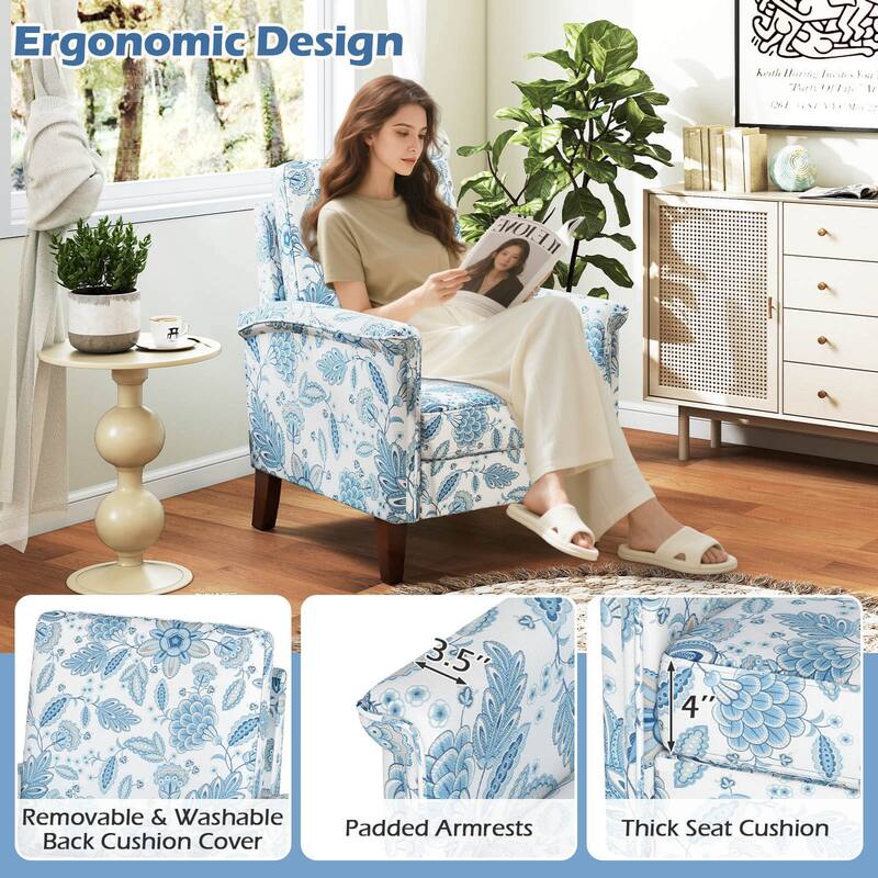 Costway 1/2 PCS Floral Accent Chair with Solid Wood Legs & High Back - See Details