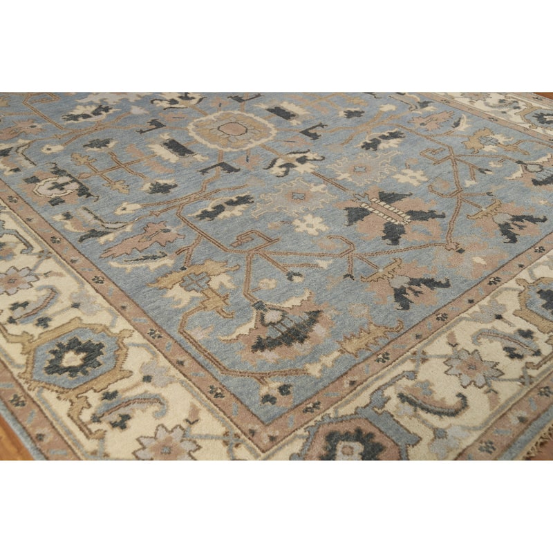 Light Blue Floral Oushak Indian Rug Handmade Traditional Wool Carpet - 9'3" x 11'9"