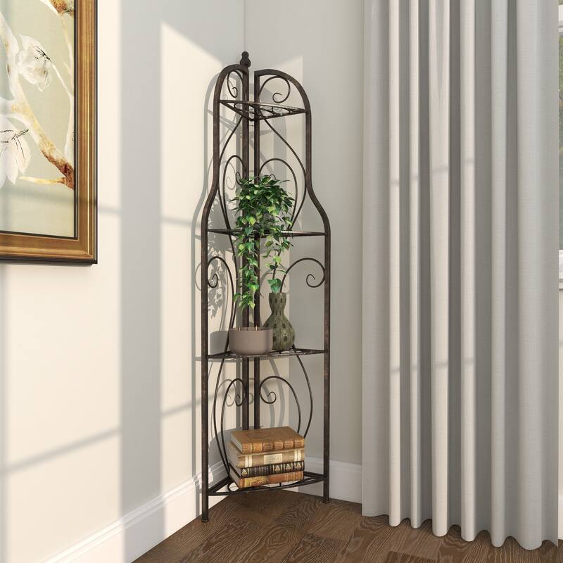 Metal Scroll Indoor Outdoor Arched Tall Folding Corner 4 Shelf Bakers Rack - Black - Roche River Decor