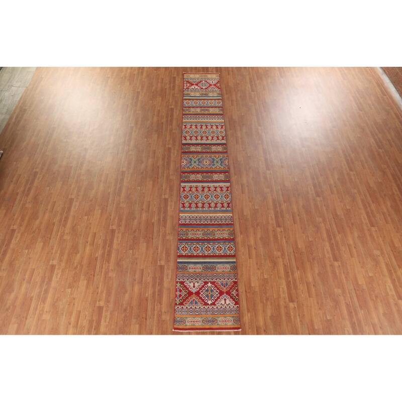 Hand Knotted Oriental 100% Wool Carpet Traditional Geometric Multi-Colored Kazak Runner Rug - 16' 0'' X 2' 5''