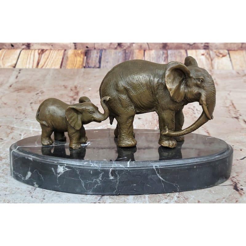 Mother And Child Imitative Elephant Calf Barye Bronze Sculpture On Marble Base