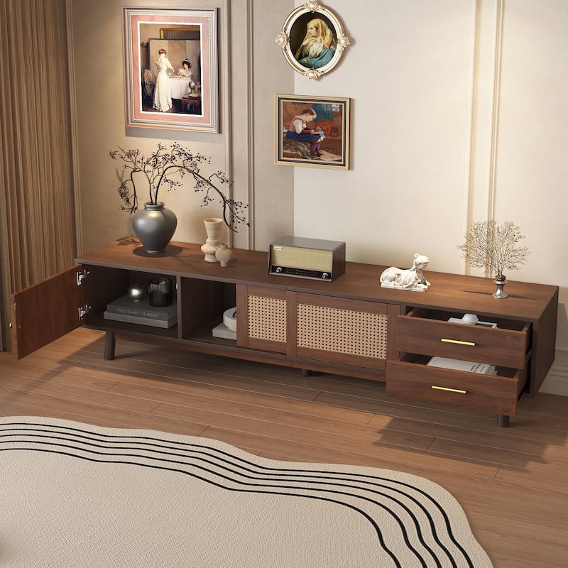 Mid Century Modern TV Stand Entertainment Center for up to 80" TVs, Rattan Sliding Doors TV Cabinet with Drawers for Living Room