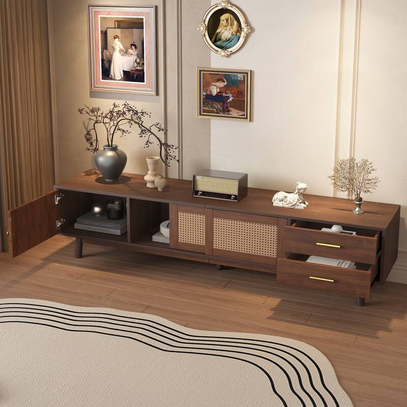 Wooden TV Stand for 80" TVs, TV Media Storage Cabinet with Rattan Sliding Doors and 2 Drawers, Rectangle TV Table Console