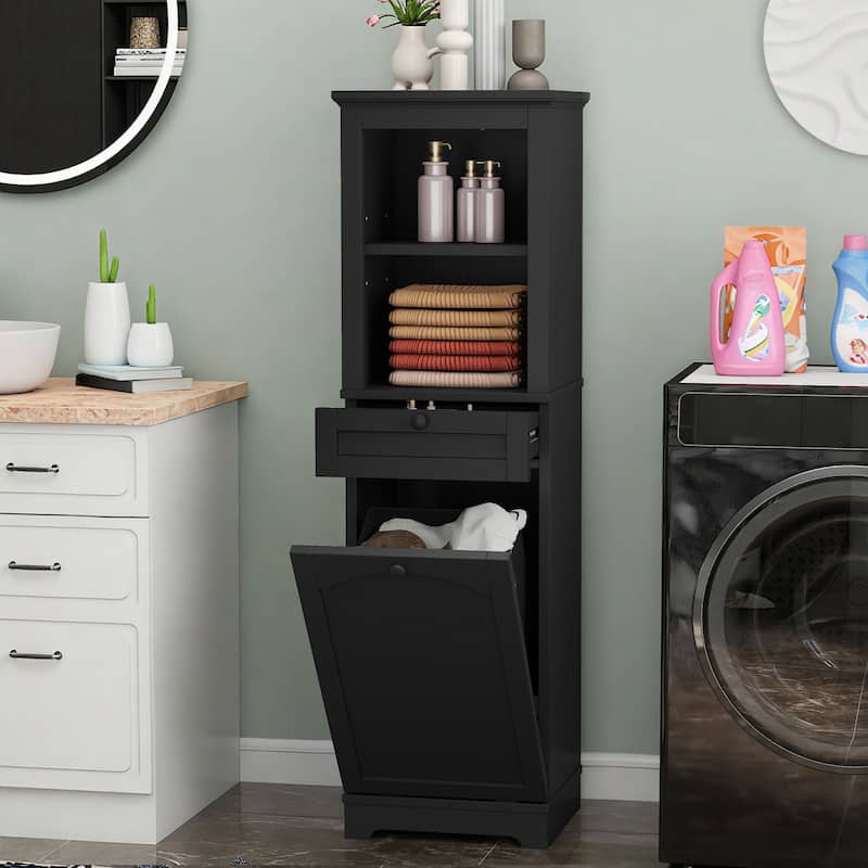 53 Inch Tall Tilt Out Laundry Hamper Cabinet with Hidden Basket and Storage Drawer - Black