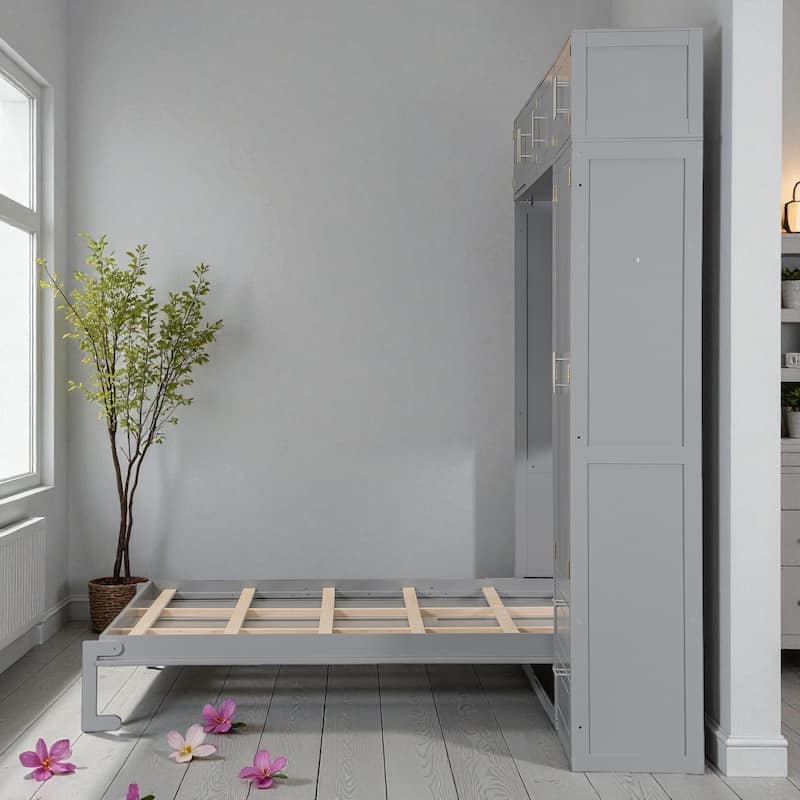 Queen Murphy Wall Bed with Top Cabinets, Shelves & Wardrobe, Space-Saving Foldable Bed with Storage