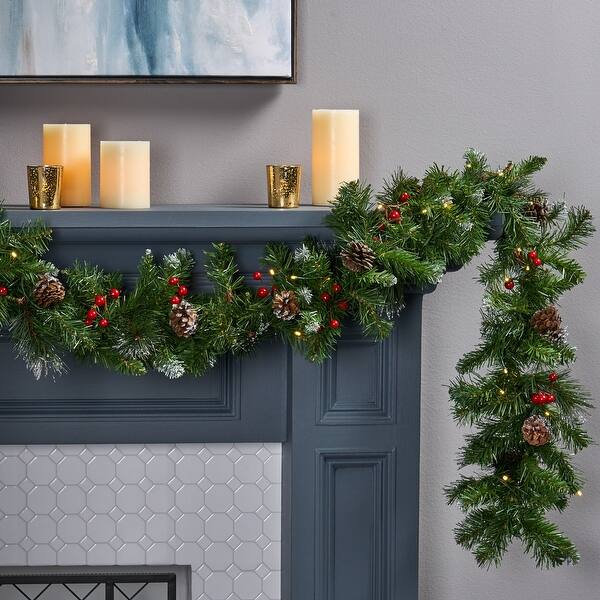 slide 2 of 5, 9-foot Mixed Spruce Pre-Lit Warm White LED Artificial Christmas Garland by Christopher Knight Home - Green+White Green+White