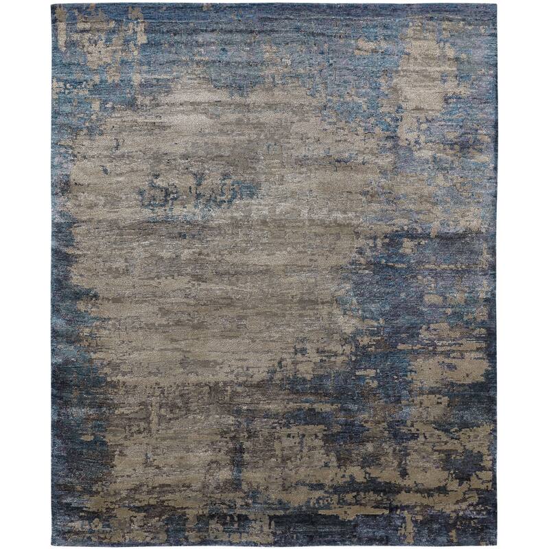 Modern Blue Hand-Knotted Wool & Viscose Area Rug - 4' x 6' - Blue