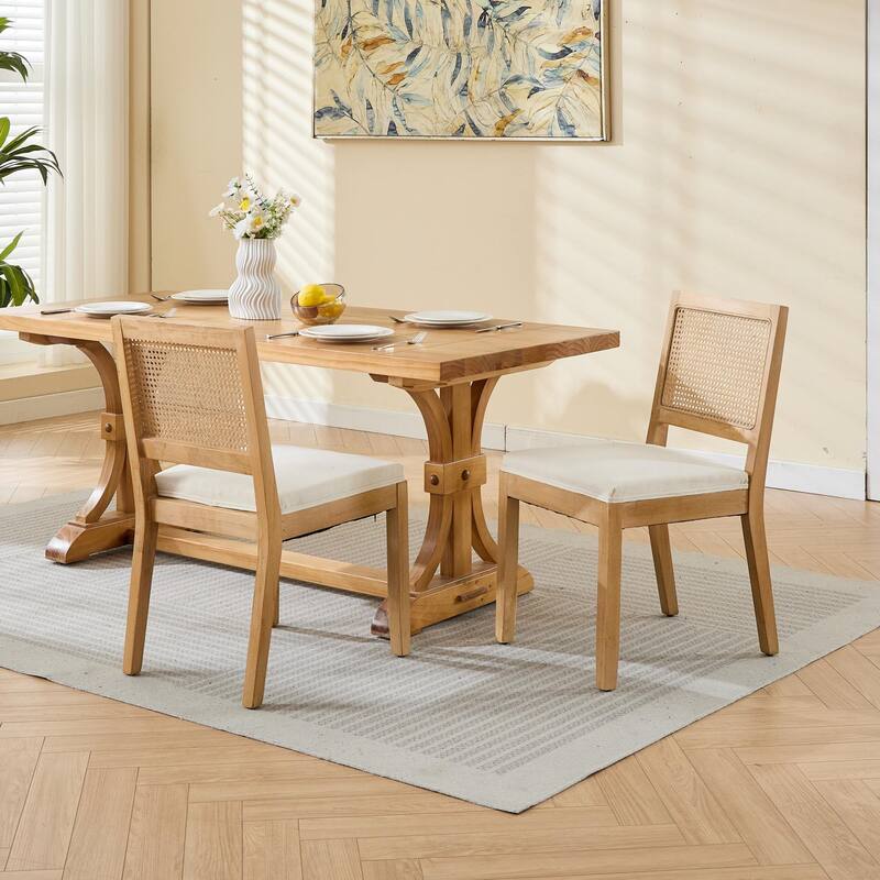 Farmhouse Rattan Dining Chairs with Natural Hardwood Frame (Set of 2)