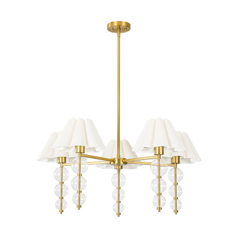 Rennnsan 5-Light 35 in. Transitional Gold Chandelier with Clear Glass Orbs and Fabric Shades - 34.6 in. Dia x 16.1 in. H