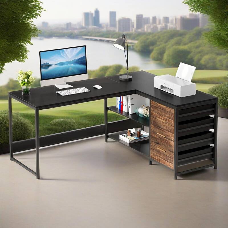 Reversible L-Shaped Computer Desk with Storage Drawers and Metal Frame for Home or Office Use