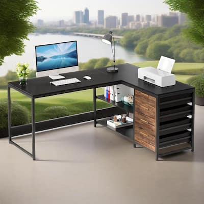 Reversible L-Shaped Computer Desk with Storage Drawers and Metal Frame for Home or Office Use