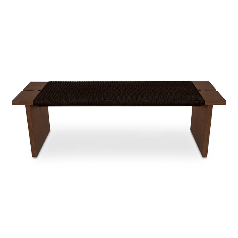 NADAAL STUDIOS Caelisse Outdoor Bench, Woven Synthetic Hyacinth Seat, Teak Wood Frame, Dark Brown