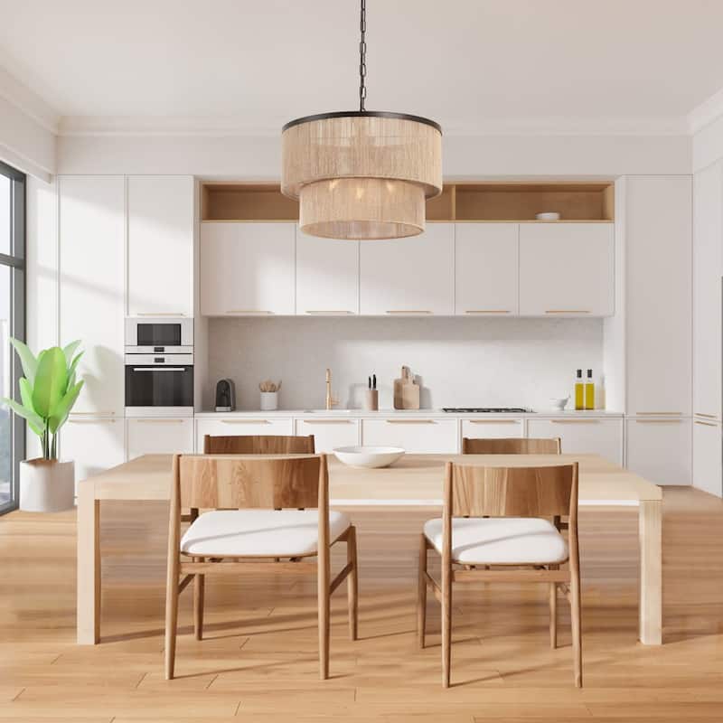 GetLedel 3-Light Coastal Boho Rope Drum Chandelier Hand-woven Ceiling Light