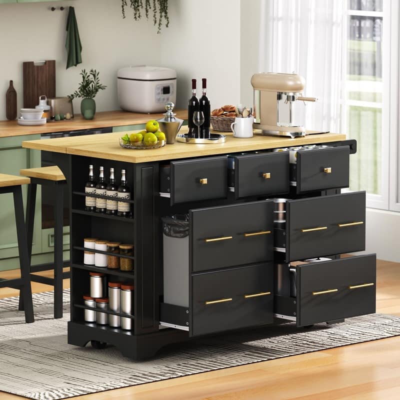 Kitchen Island with 6 Drawers, Pull Out Trash Can Storage, Rolling Kitchen Island with Drop Leaf